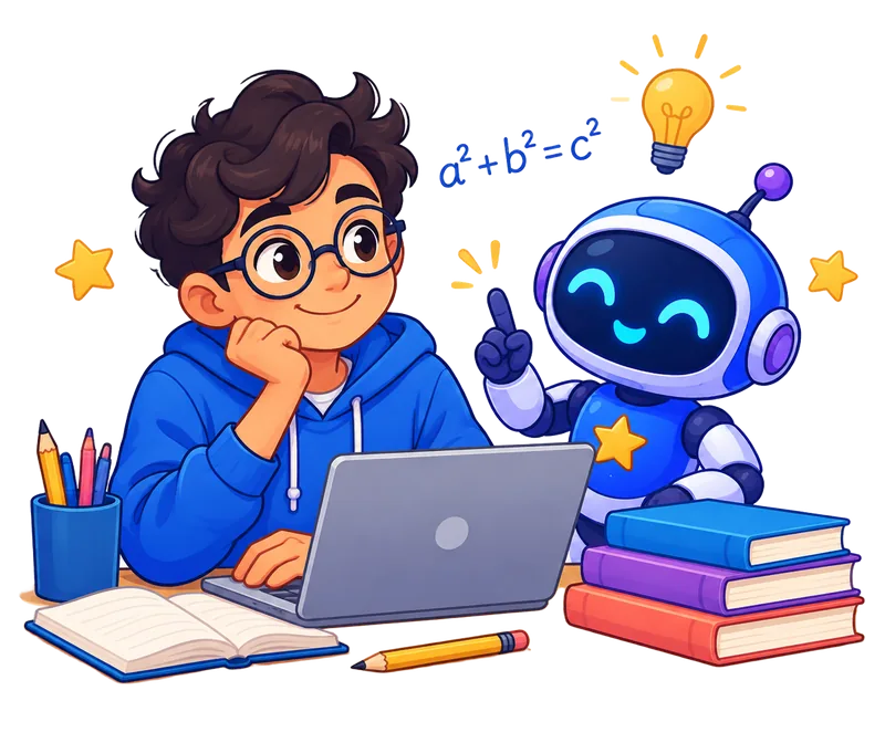 Estudante aprendendo com o robô Professor-IA